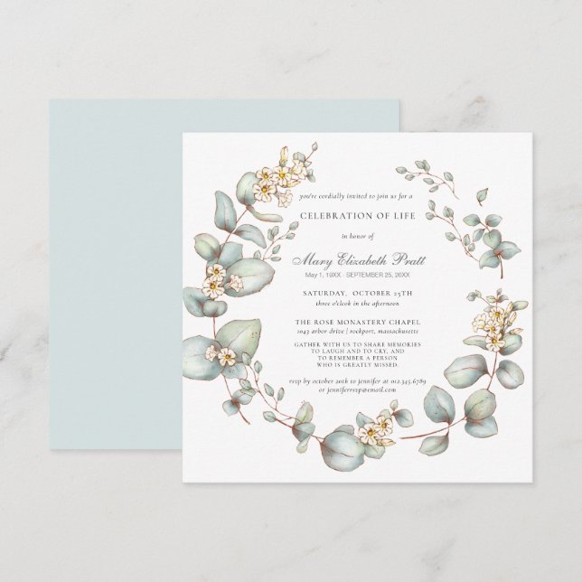 Celebration of Life Modern Botanical White Floral Invitation (Front/Back)