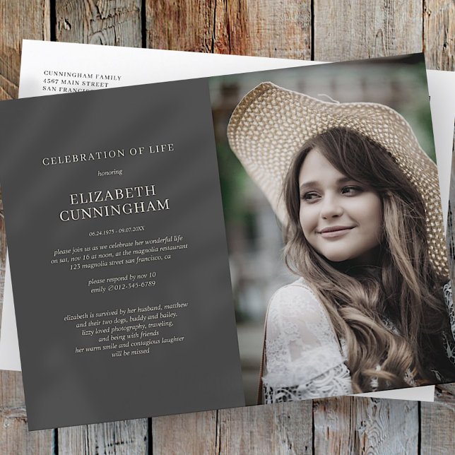 Celebration of Life Modern Chic Elegant Photo Invitation Postcard (Creator Uploaded)