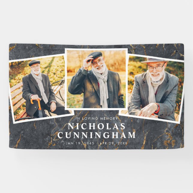 Celebration of Life Modern Dark Marble Three Photo Banner (Horizontal)