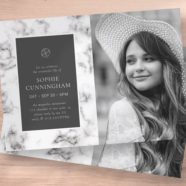 Celebration of Life Modern Elegant Marble Photo Invitation (Creator Uploaded)