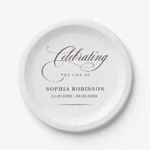 Celebration of Life Modern Elegant Script Funeral  Paper Plate