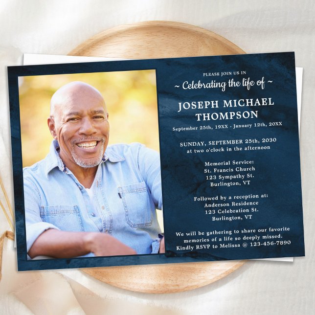Celebration Of Life Modern Funeral Blue Marble  Invitation (Creator Uploaded)