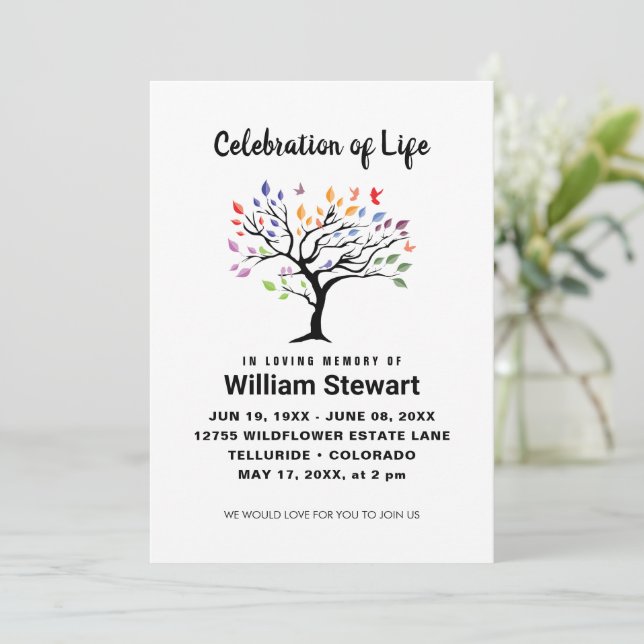 Celebration of Life | Modern Funeral Colour Tree Invitation (Standing Front)