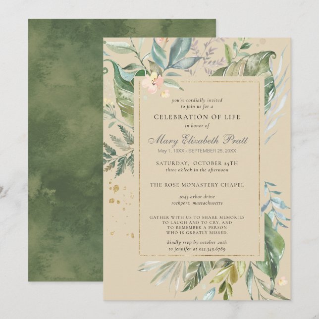 Celebration of Life Modern Green Gold Botanical In Invitation (Front/Back)