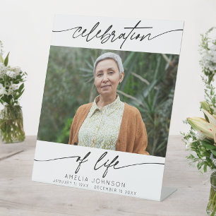 Celebration of Life Modern Script Photo Funeral  Pedestal Sign