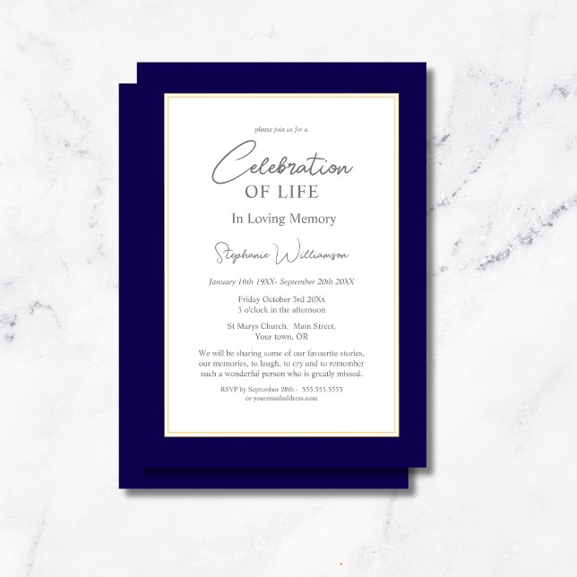 Celebration of Life Navy & Gold Invitation (Creator Uploaded)