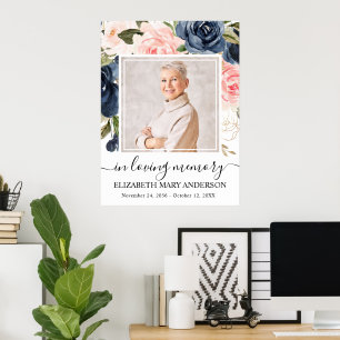 Celebration of Life Navy Pink Floral Photo Poster