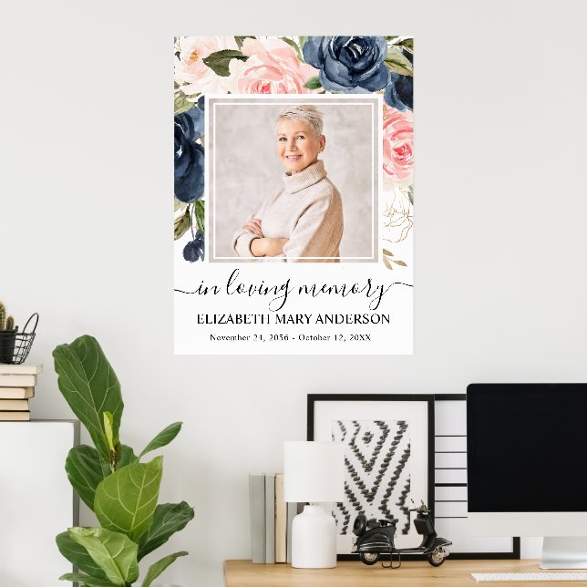 Celebration of Life Navy Pink Floral Photo Poster (Home Office)