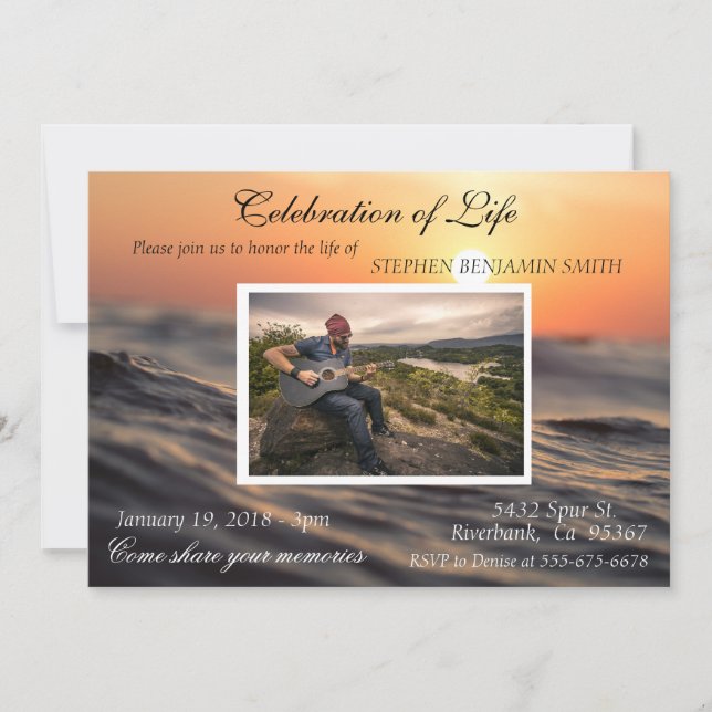 Celebration of Life Ocean Lake Sunset Photo Invitation (Front)