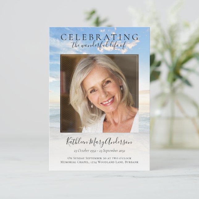 Celebration of Life Ocean Photo Funeral Invitation (Standing Front)