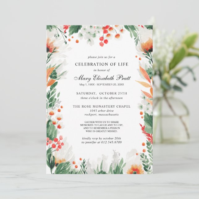 Celebration of Life Orange White Floral Funeral Invitation (Standing Front)