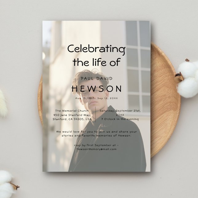 Celebration of Life Overlay Photo Funeral Memorial Invitation (Creator Uploaded)