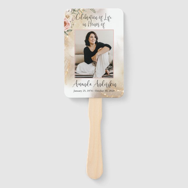Celebration of Life Peach and Gold Obituary Hand Fan (Front)