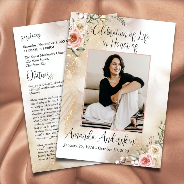 Celebration of Life Peach and Gold Obituary Programme (Creator Uploaded)