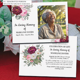 Celebration Of Life Peonies Photo Funeral Invitation