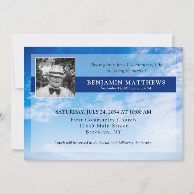 Celebration of Life Photo Blue Sky Funeral Burial Invitation (Front)