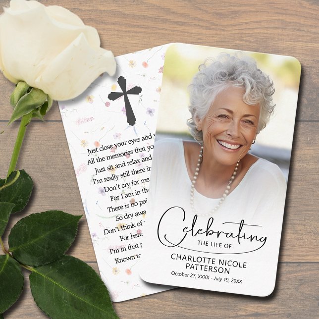 Celebration of Life Photo Bookmark Prayer Card (Celebration of Life photo bookmark prayer card with a poem and cross on wildflowers on the back)