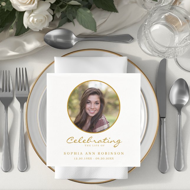 Celebration of Life Photo Gold Script Funeral Napkin (Creator Uploaded)