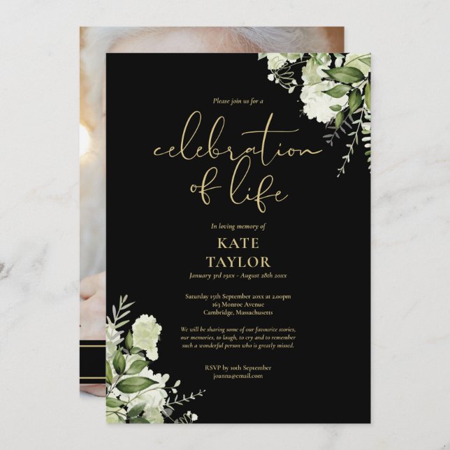 Celebration of Life Photo Greenery Black And Gold Invitation (Front/Back)
