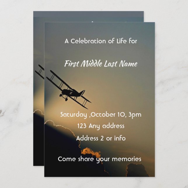 Celebration of Life  Photo Pilot Aeroplane Flying  Invitation (Front/Back)
