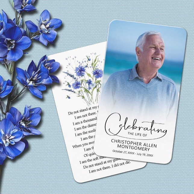 Celebration of Life Photo Prayer Card (Celebration of life photo prayer cards, blue flowers on the back with a poem or prayer 3.5" x 2")