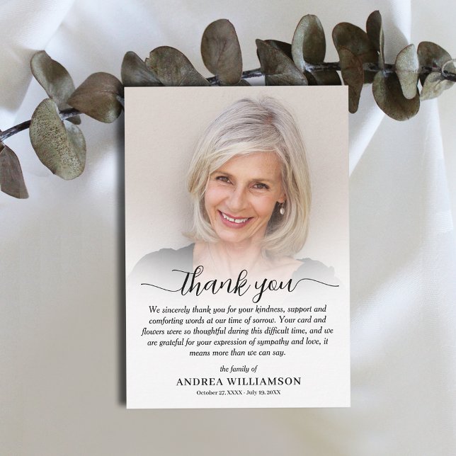 Celebration of Life Photo  Thank You Card (Simple funeral flat thank you notes, photo, name, dates and thank you message on the front)