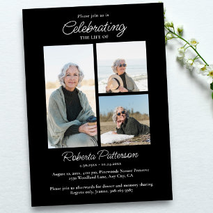 Celebration of Life Photos, Memorial Black White Invitation