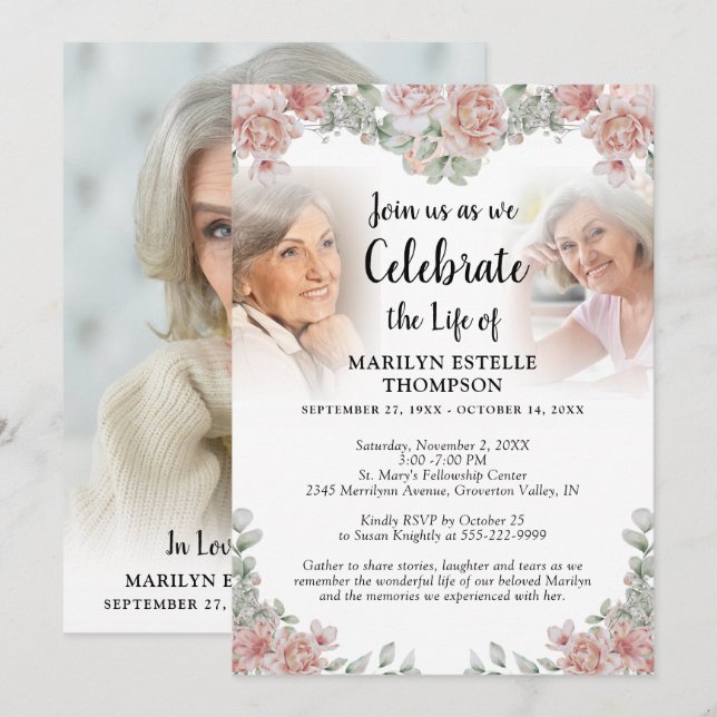 Celebration of Life Pink Floral 3 Photos Memorial Invitation (Front/Back)