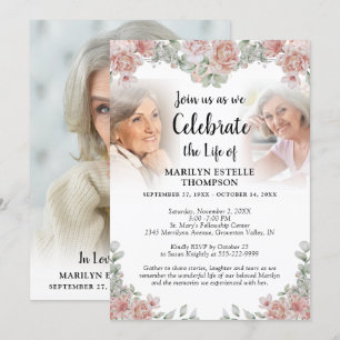 Celebration of Life Pink Floral 3 Photos Memorial Invitation