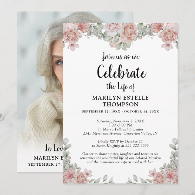 Celebration of Life Pink Floral Keepsake Photo Invitation (Front/Back)