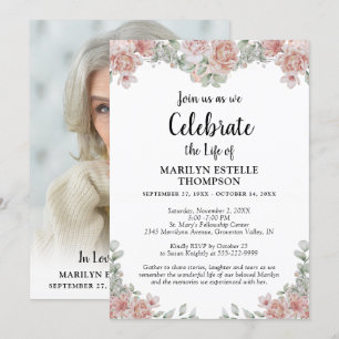 Celebration of Life Pink Floral Keepsake Photo Invitation