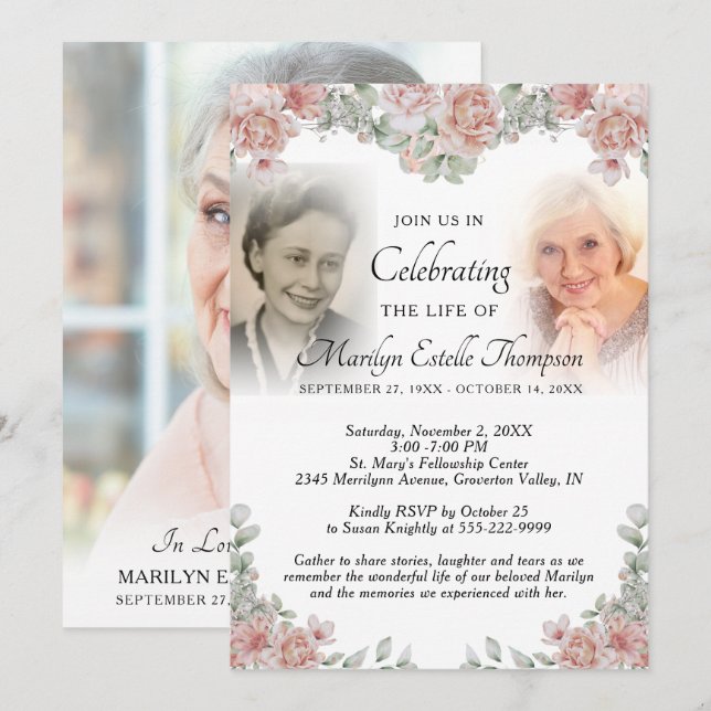 Celebration of Life Pink Floral Photo Invitation (Front/Back)
