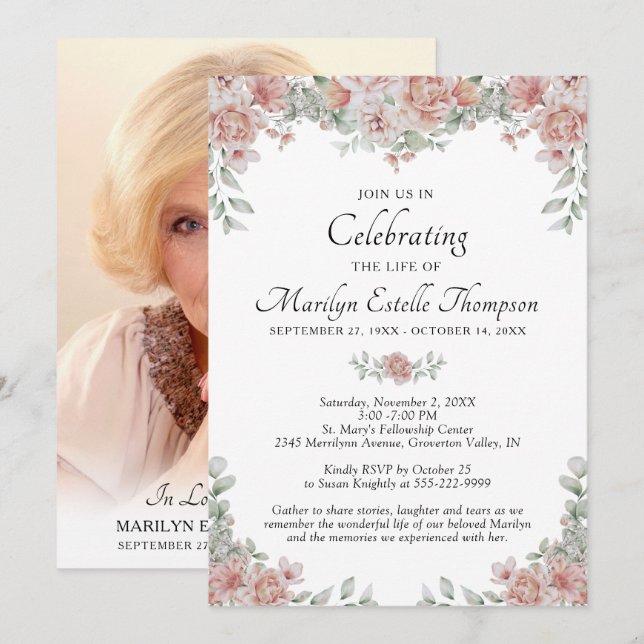 Celebration of Life Pink Floral Watercolor Photo Invitation (Front/Back)