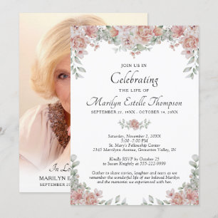 Celebration of Life Pink Floral Watercolor Photo Invitation