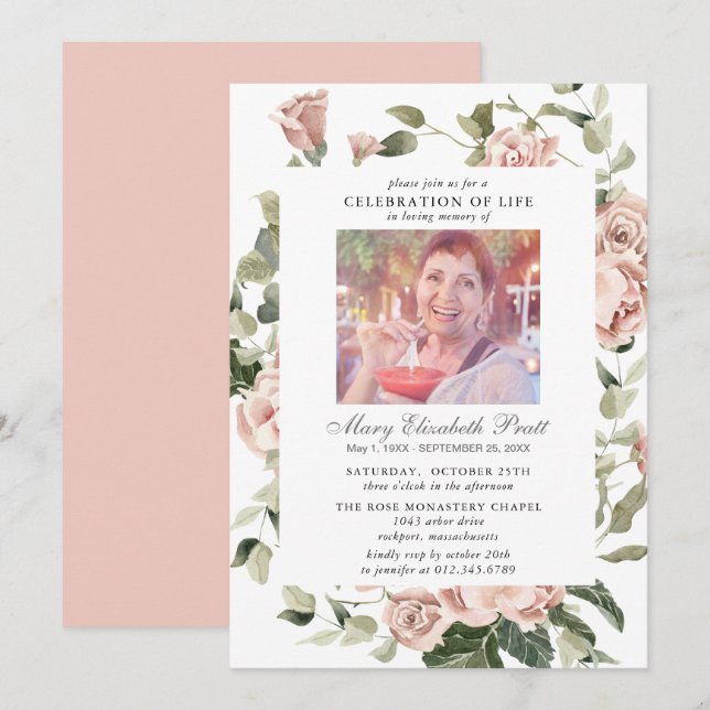 Celebration of Life Pink Rose Floral Photo Invitation (Front/Back)