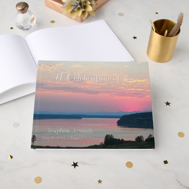 Celebration of Life Pink Sunset Memorial Guest Book (Front Open)