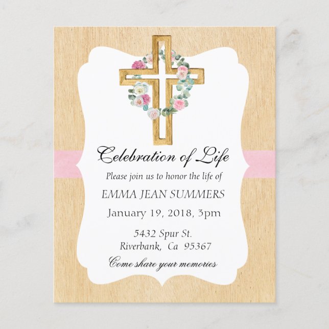 Celebration of Life Pretty Floral Cross Pink  Invi Flyer (Front)