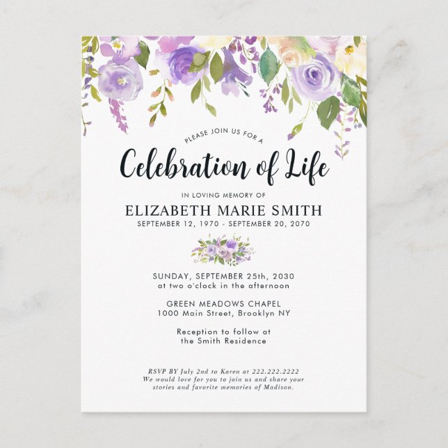Celebration of Life Purple Floral Funeral Memorial Postcard (Front)