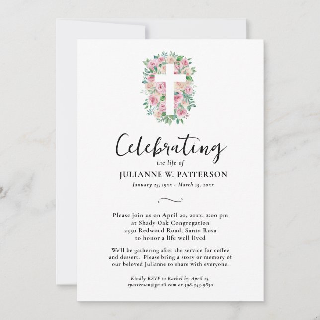 Celebration of Life, Rose Cross, Photo, Funeral  Invitation (Front)