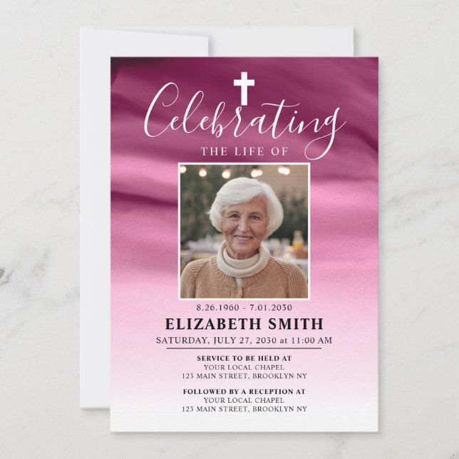 Celebration of Life Rose Pink Ombre Photo Funeral Invitation (Front)