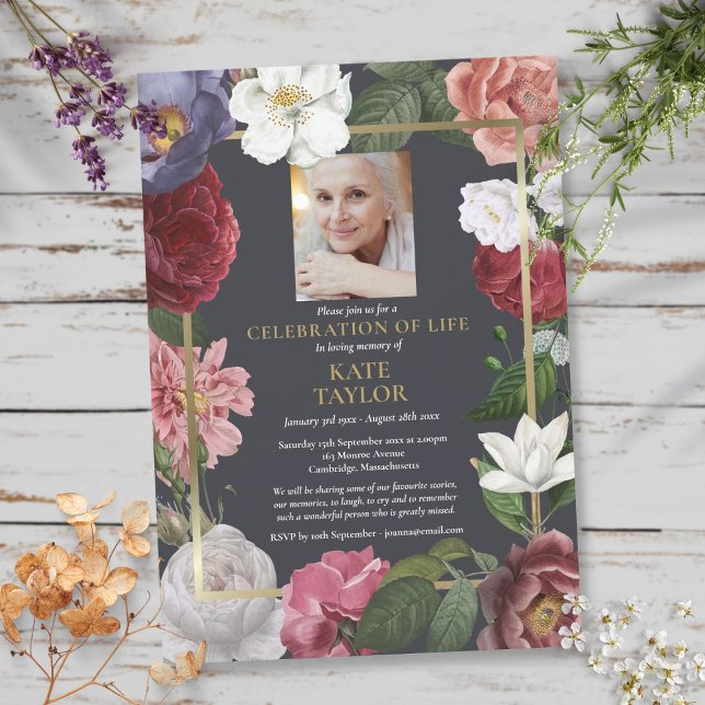 Celebration of Life Roses Floral Funeral Photo Invitation (Celebration of Life Roses Floral Funeral Photo Invitation)