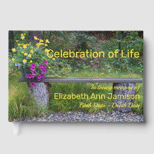 Celebration of Life Rustic Bench Flowers Memorial Guest Book
