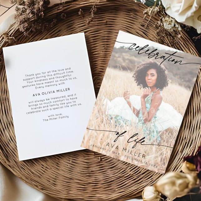 Celebration of Life Script Funeral Photo | White Thank You Card (Creator Uploaded)