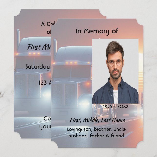 Celebration of Life Semi-Truck Tractor-trailer  Invitation (Front/Back)