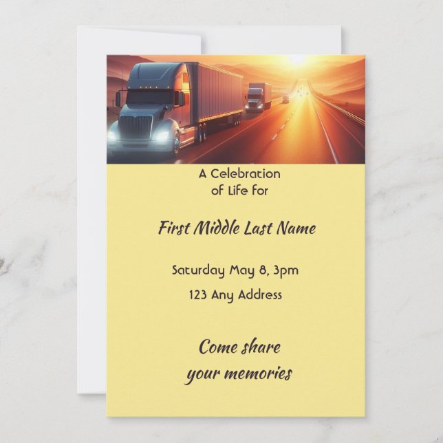 Celebration of Life  Semi-Truck Tractor-trailer  Invitation (Front)