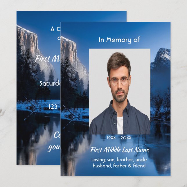 Celebration of Life Servce Mountain Lake Winter  Invitation (Front/Back)