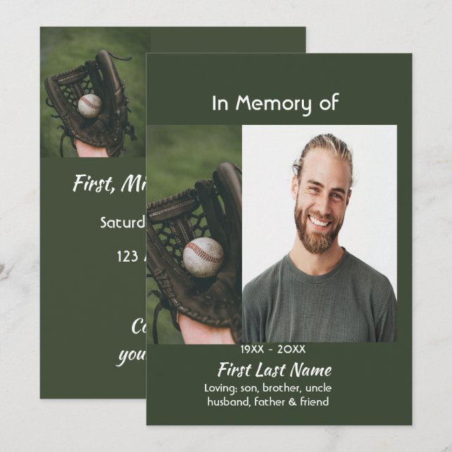 Celebration of Life Service Baseball Game Player  Invitation (Front/Back)
