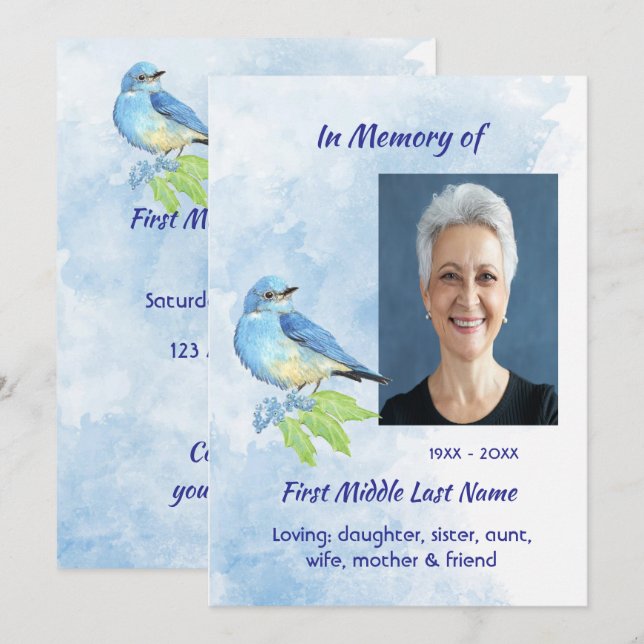 Celebration of Life Service Bluebird Garden Bird  Invitation (Front/Back)