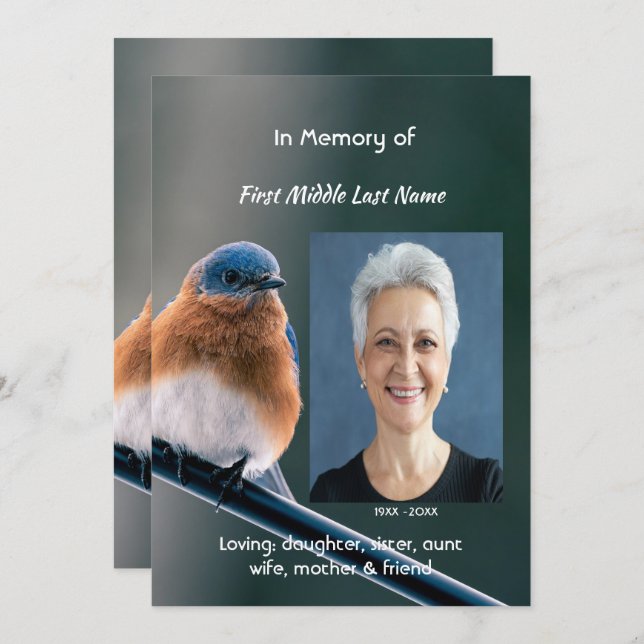 Celebration of Life Service Bluebird Garden Bird  Invitation (Front/Back)