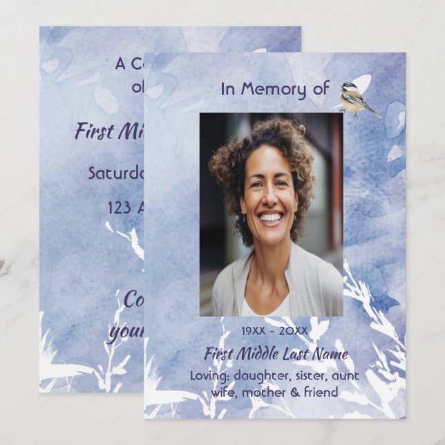 Celebration of Life Service Chickadee Bird Winter  Invitation (Front/Back)